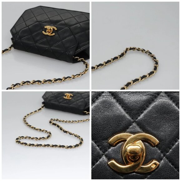 CHANEL Matelasse Chain Shoulder Bag Lamb Skin Black Gold CC Auth PP233 - Picture 16 of 16